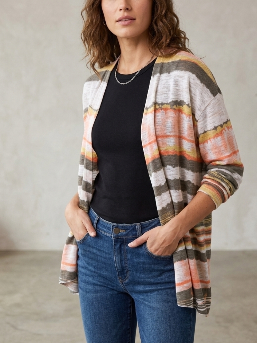 Laura Plus Lightweight Striped Open-Front Cardigan in Peach Multi Size 3X